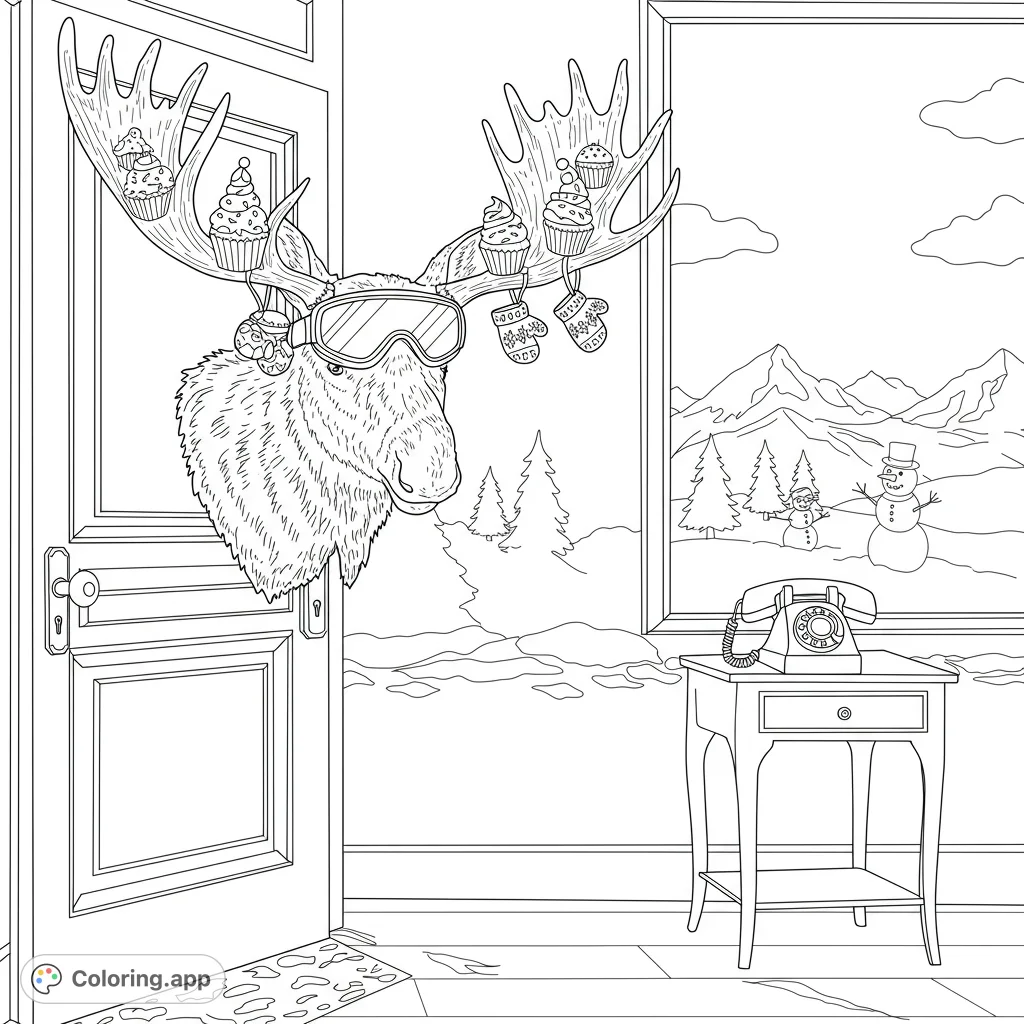 A whimsical moose with cupcake-adorned antlers peeks from a hotel room, hinting at a snowy winter wonderland outside. Perfect for a fun, cartoony coloring adventure.