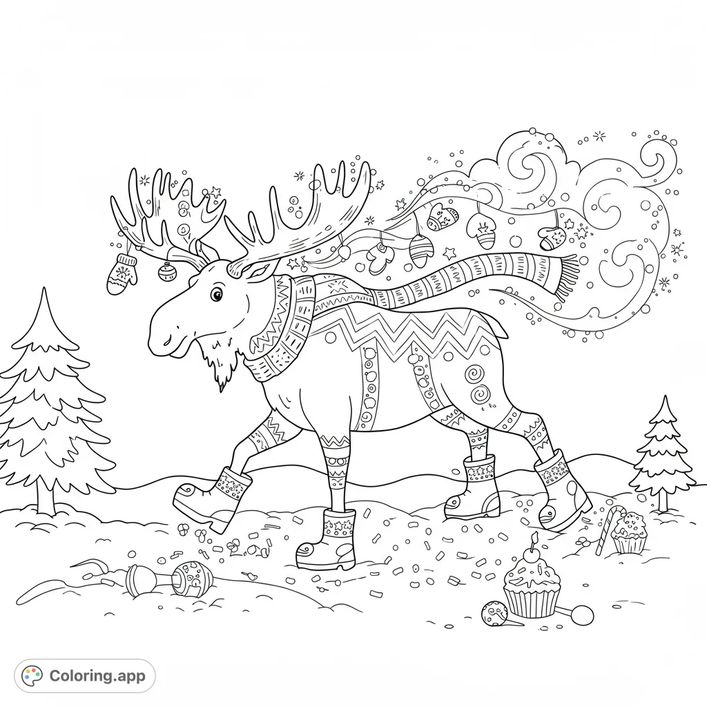 A whimsical moose with decorated antlers, rubber ducky boots, and a zig-zag pattern wanders through a snowy scene, leaving a trail of sprinkles.