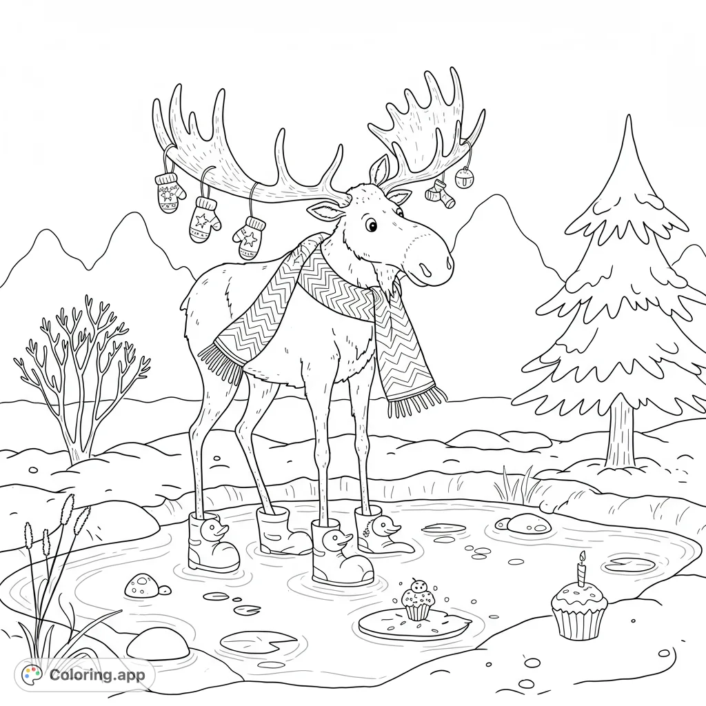 Dive into a whimsical winter scene featuring a charming moose with a patterned scarf, rubber ducky boots, and sprinkle trails. A delightful moose coloring page for kids!