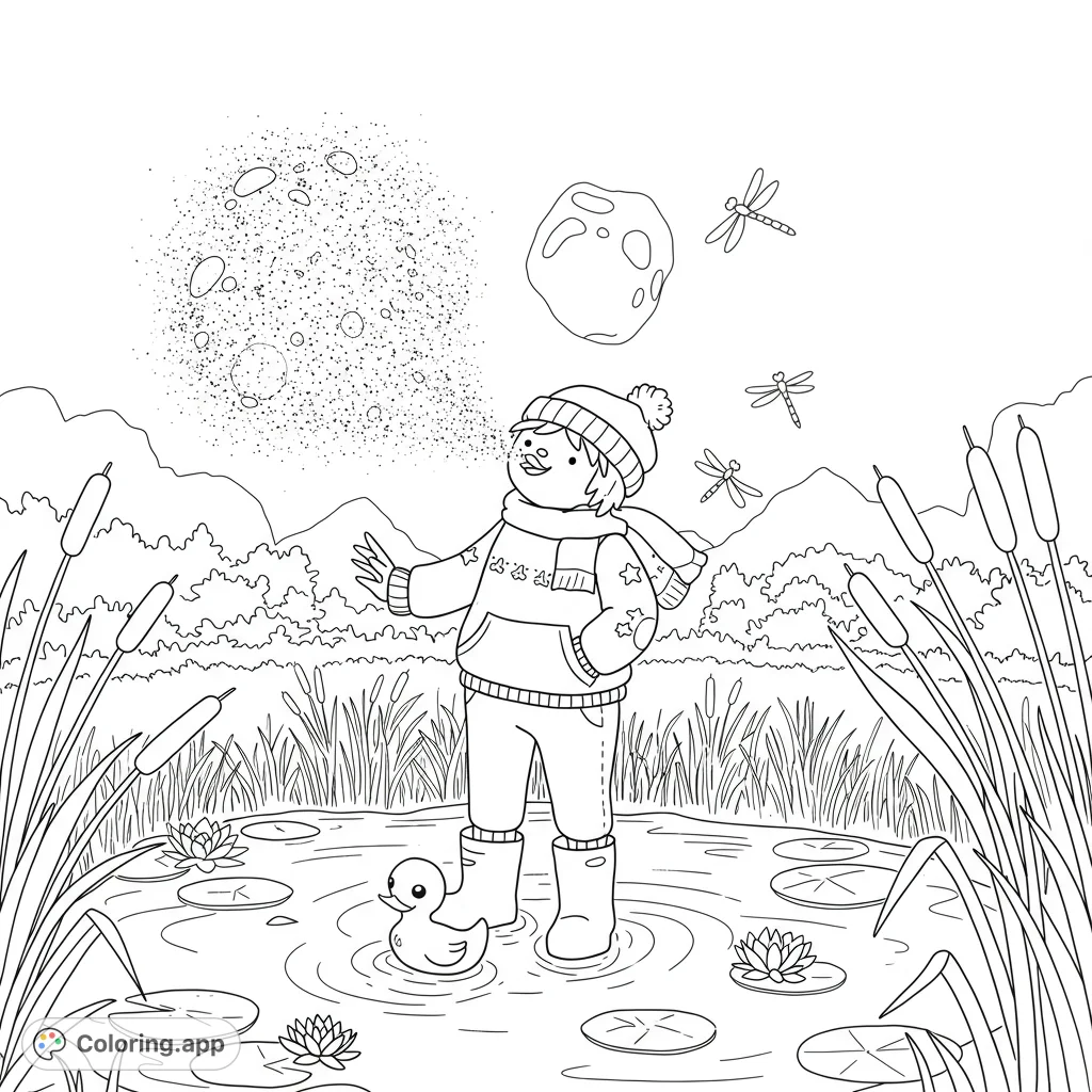 A whimsical figure in rubber ducky boots creates a magical bubble filled with shimmering snow dust in a serene winter pond, surrounded by pinetrees and a friendly moose.
