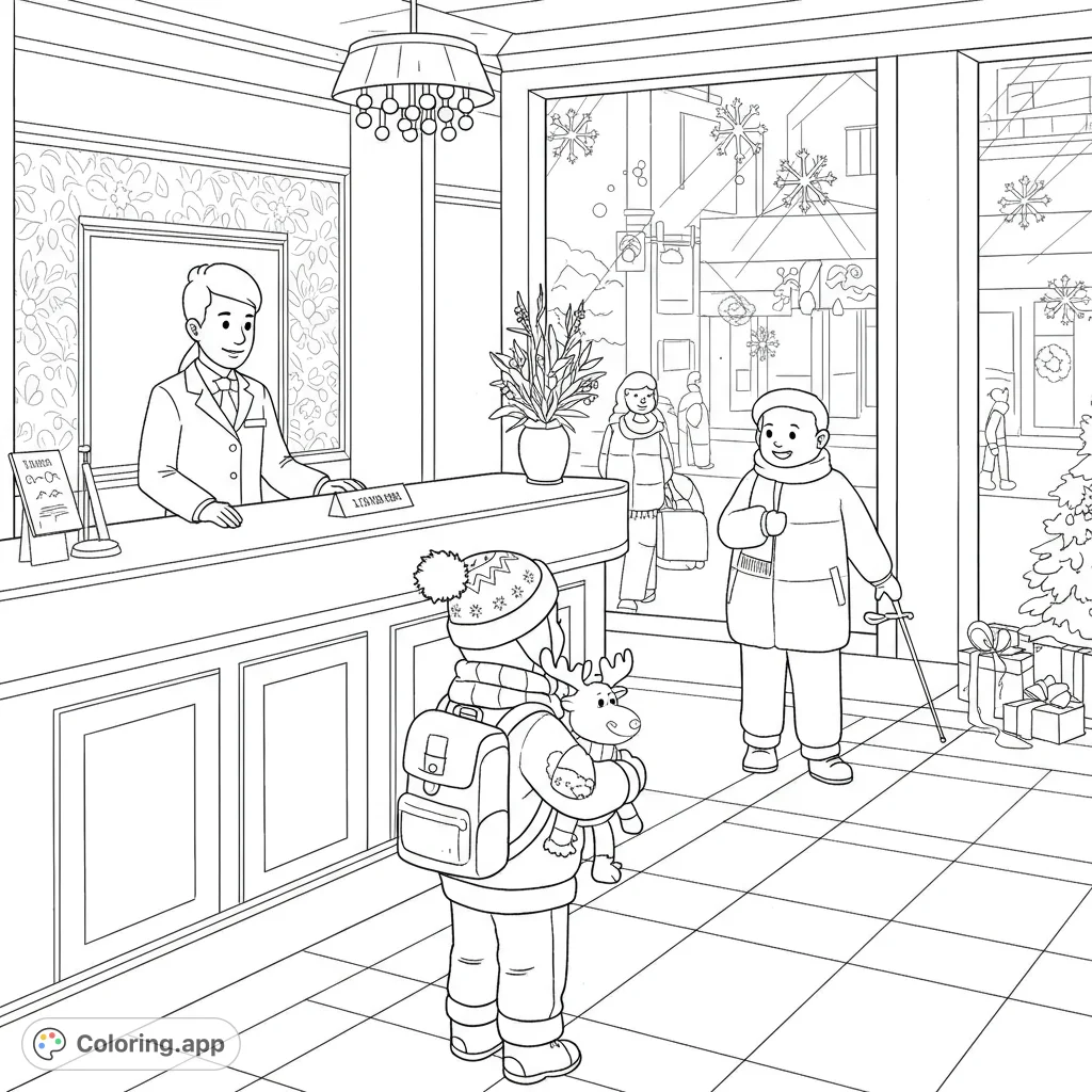 A charming winter moose coloring page featuring a child with a fluffy moose toy at a hotel front desk, with snowflakes outside. Perfect for kids!