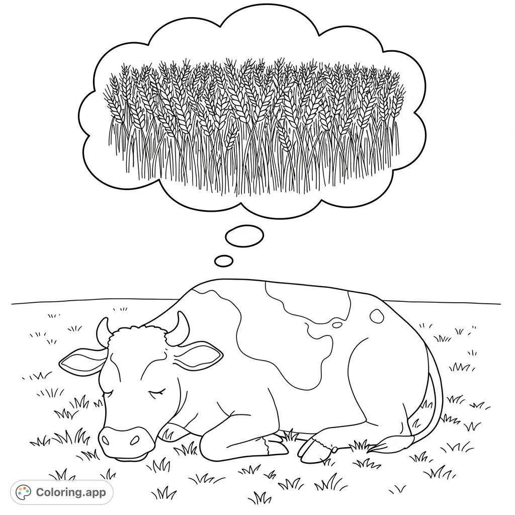 A serene cow dreams of abundant wheat fields, a peaceful scene inviting reflection and creativity. Perfect for all ages.