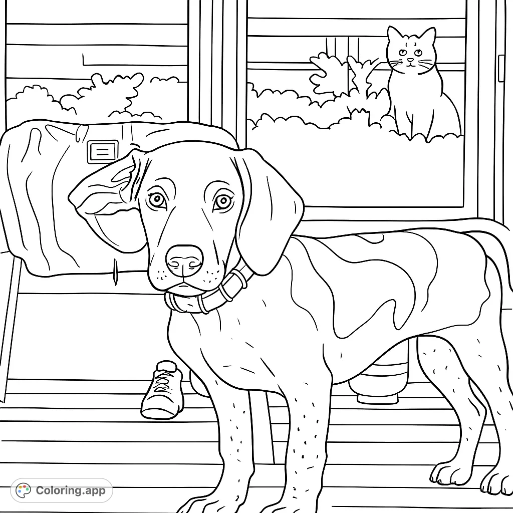 A charming puppy with distinctive markings stands on a deck, while a curious cat peeks from a window in the background. A delightful scene for animal lovers.