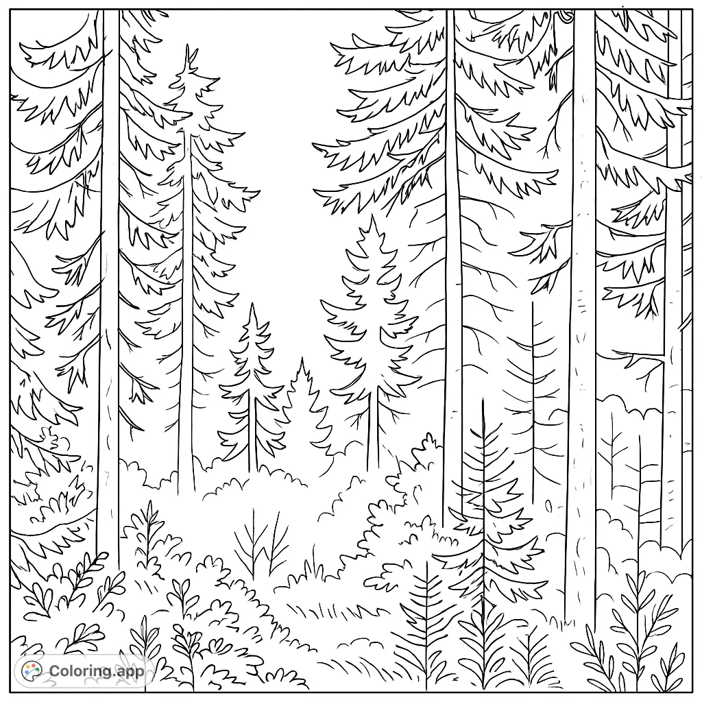 Explore a serene forest enveloped in a soft mist, featuring towering trees and dense undergrowth. A tranquil nature scene for mindful coloring.