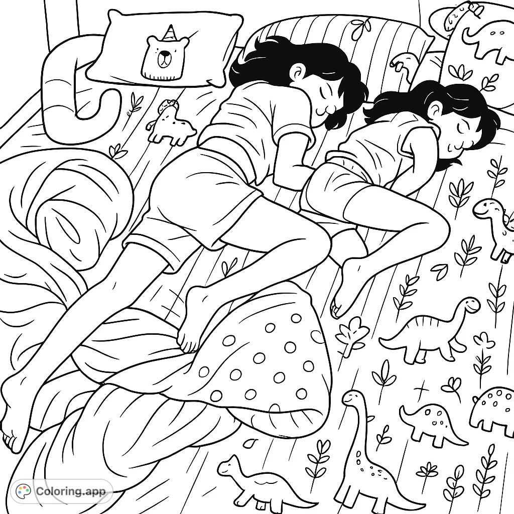 A cozy sleeping children coloring page featuring two kids resting peacefully on a bed adorned with playful dinosaur patterns. Perfect for relaxation!