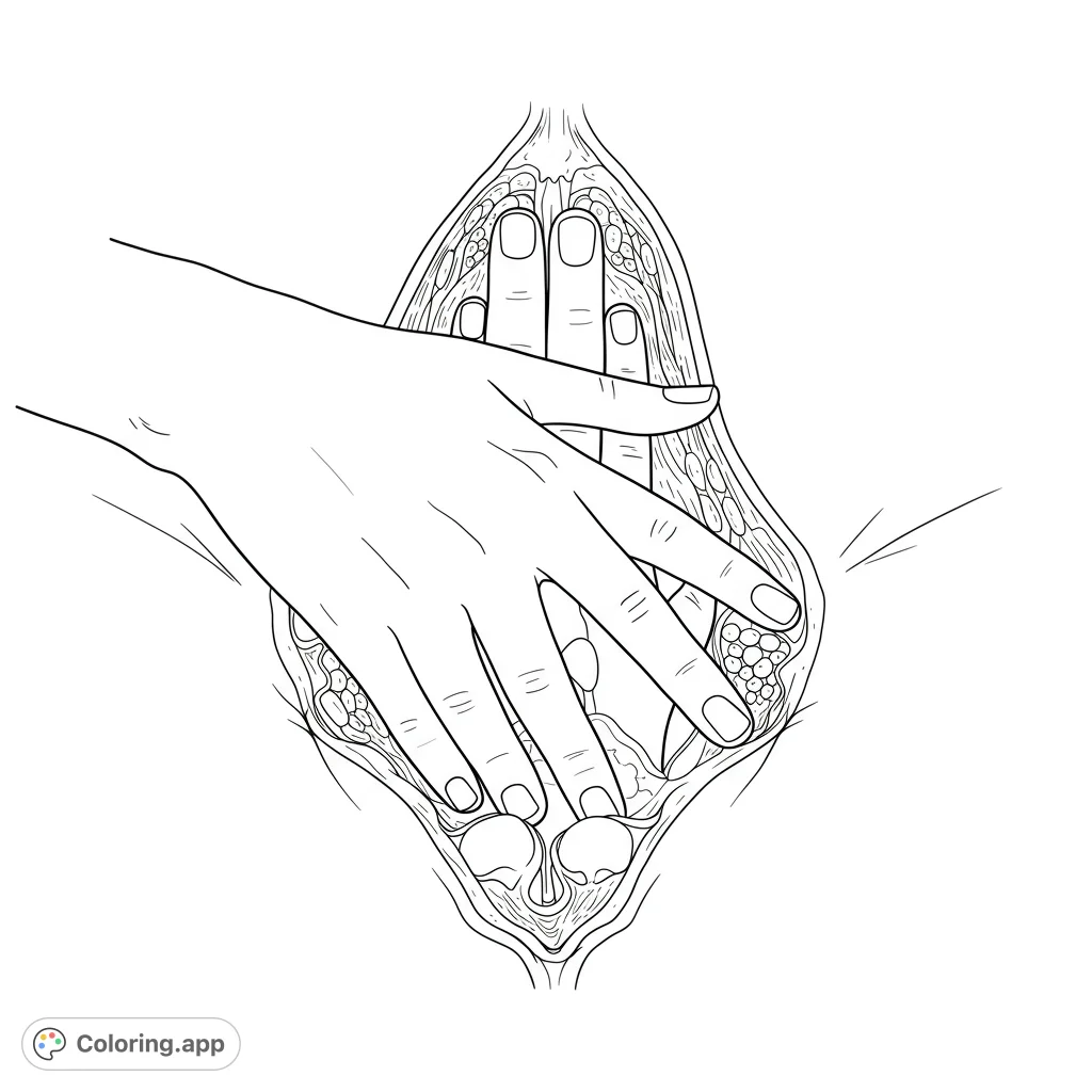Explore a detailed anatomical study of a human hand interacting with female genital forms. Focus on contours and textures in this intimate, realistic depiction.