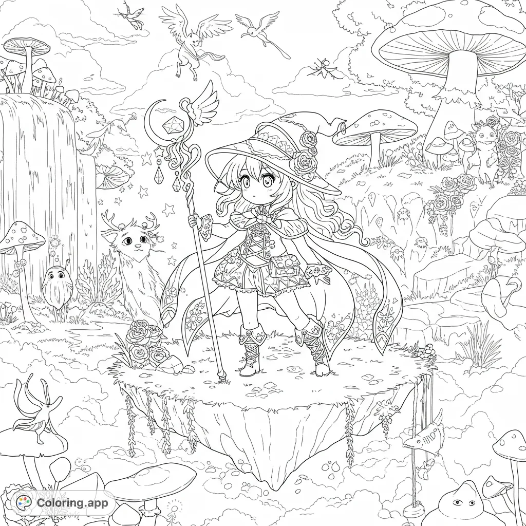 Embark on a magical adventure with a cute girl on a floating island, surrounded by whimsical creatures and sparkling waterfalls. A detailed fantasy coloring page!