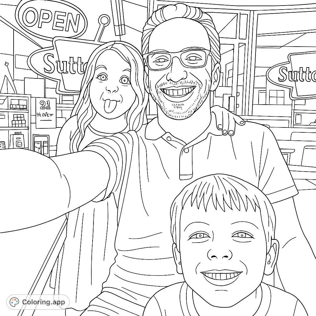 A heartwarming family selfie featuring a smiling father and his playful children in front of a charming storefront. Perfect for family coloring page fun!