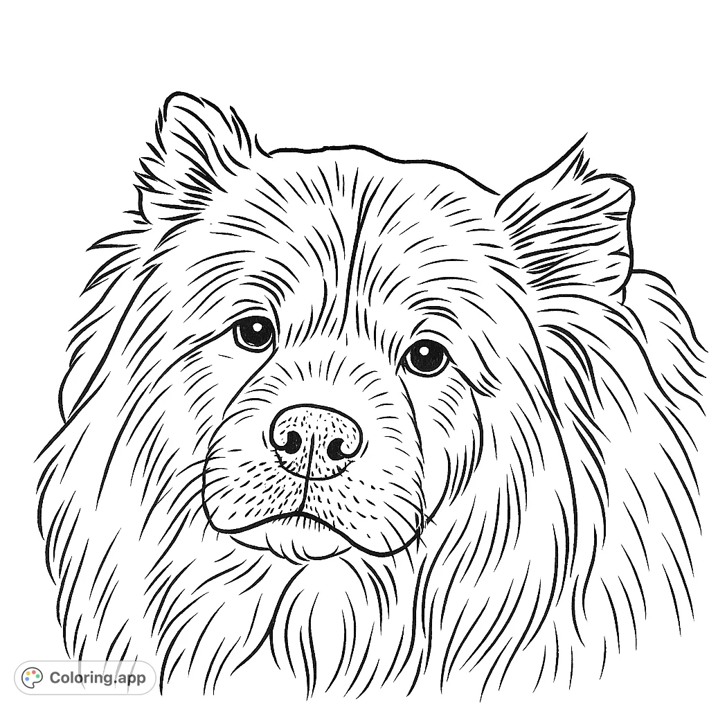 A charming fluffy dog coloring page, free printable! Features a lovable canine with a voluminous mane, rendered in a hand-drawn sketch style for moderate detail.