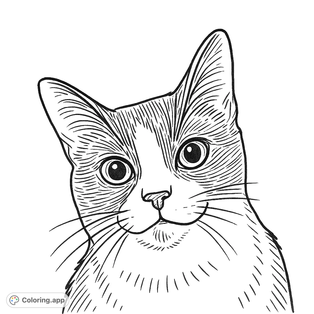 A charming cat with expressive eyes peeks into view, its patterned fur and whiskers offering a delightful challenge for colorists of all ages. Explore textures!