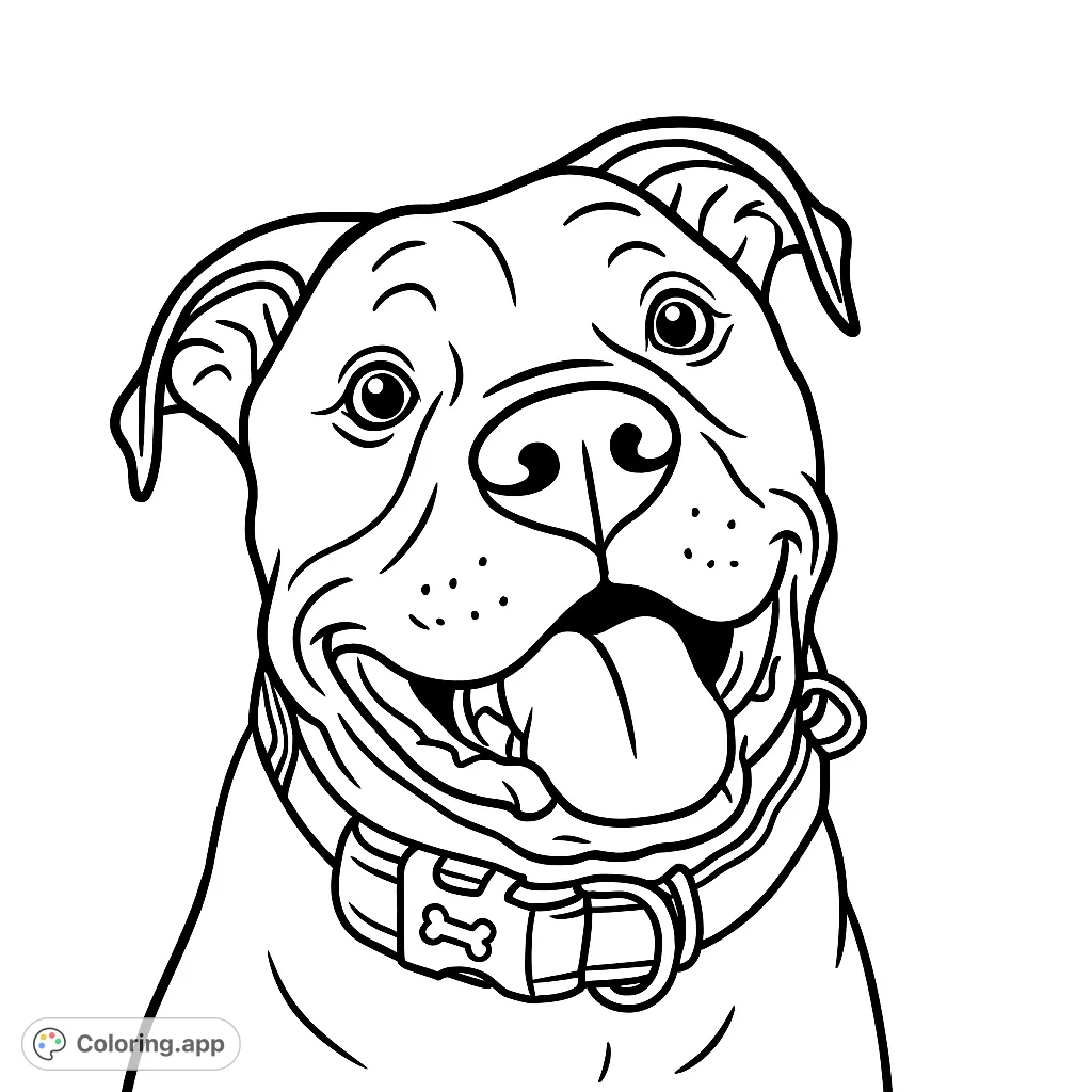 A charming coloring page featuring a happy dog with a wide smile and tongue out, perfect for animal lovers to bring to life with a cartoony style and bold outlines.