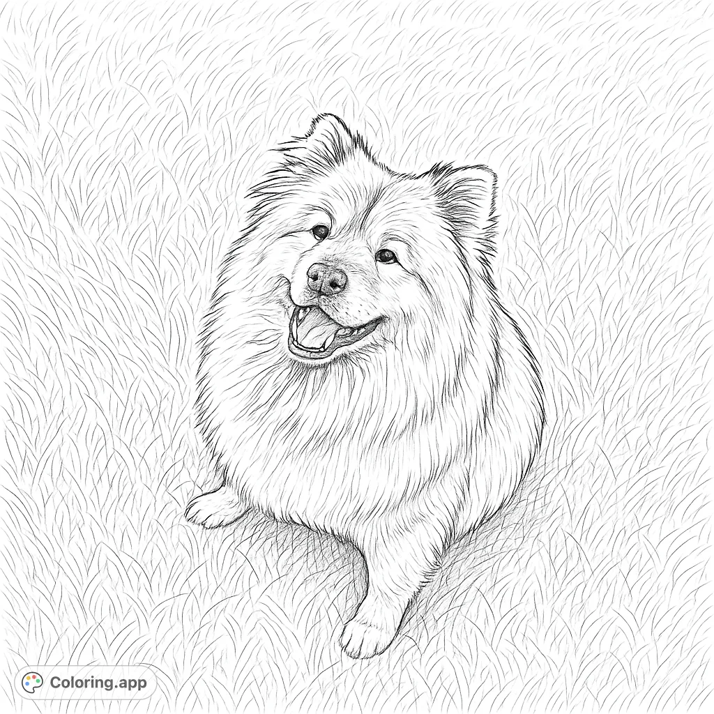 Discover this charming fluffy dog sitting on lush grass, looking up with a joyful expression. A delightful free printable dog coloring page for all ages.