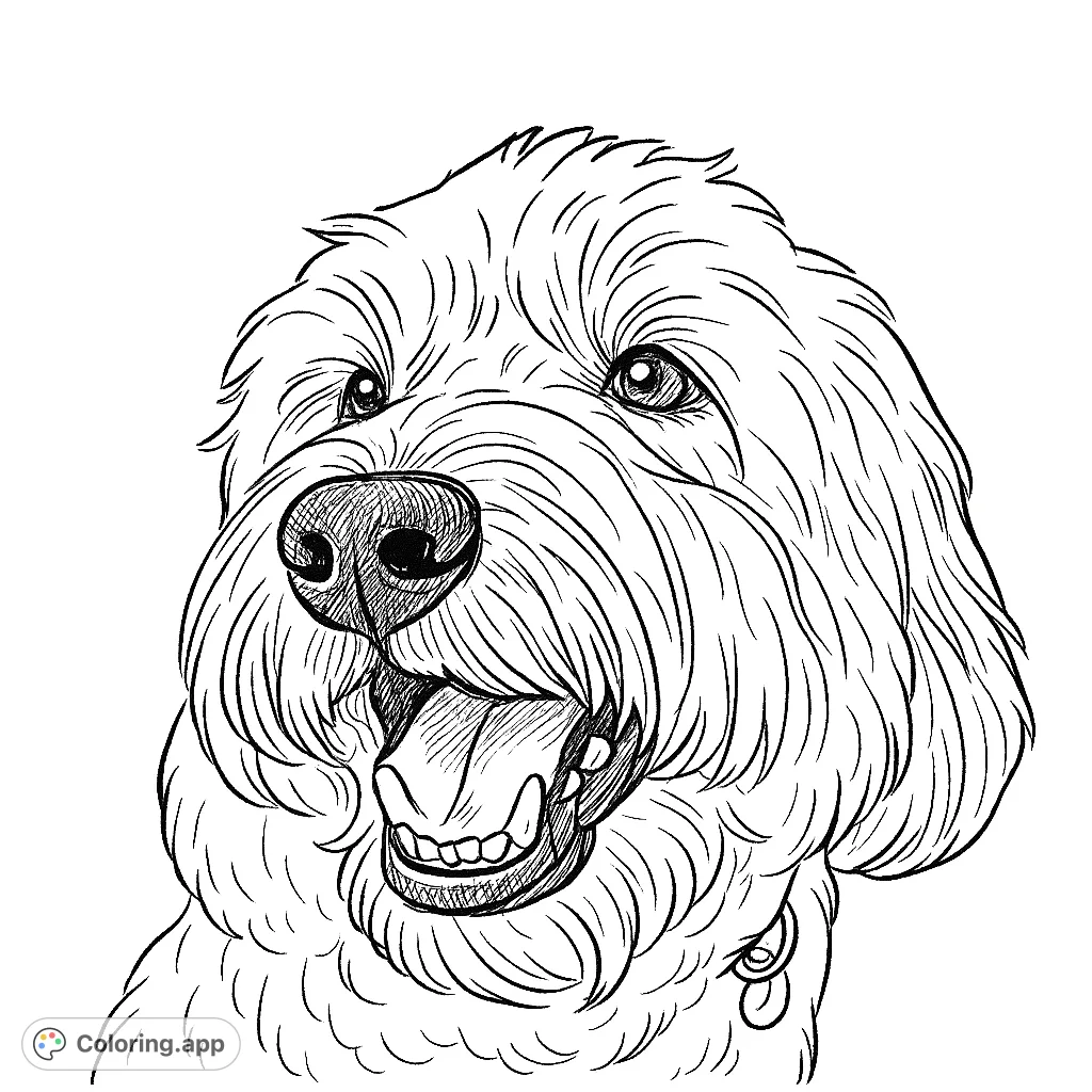 A close-up of a happy, fluffy dog's face, mouth slightly open, capturing its joyful expression. A delightful free printable dog coloring page for all ages.