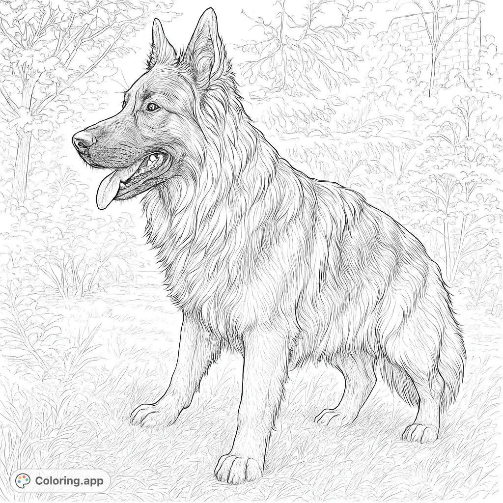 Color a majestic German Shepherd in a lush garden. This highly detailed realistic dog coloring page offers intricate fur textures and a serene natural setting.