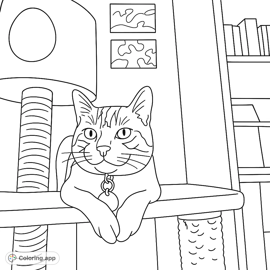 A charming cat rests on its cozy cat tree, ready for your creative touch. This simple, hand-drawn sketch is perfect for a relaxing coloring experience.