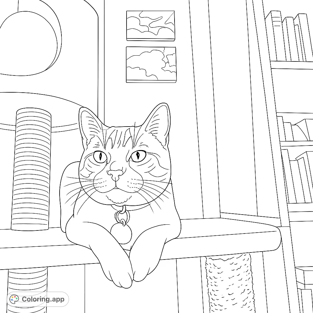 A charming cat rests on its cat tree, offering a delightful scene for coloring. Perfect for pet lovers to bring to life with their favorite hues.