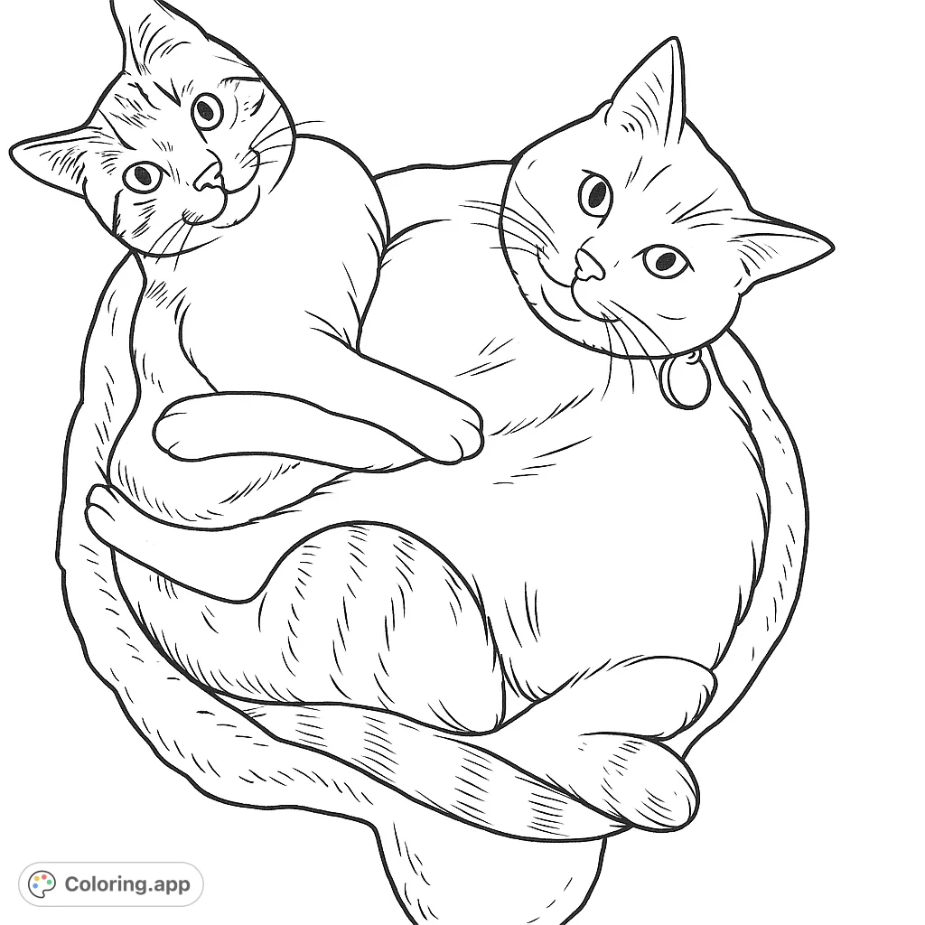 Snuggle up with this adorable cat coloring page featuring two feline friends intertwined in a cozy bed. Perfect for pet lovers of all ages!