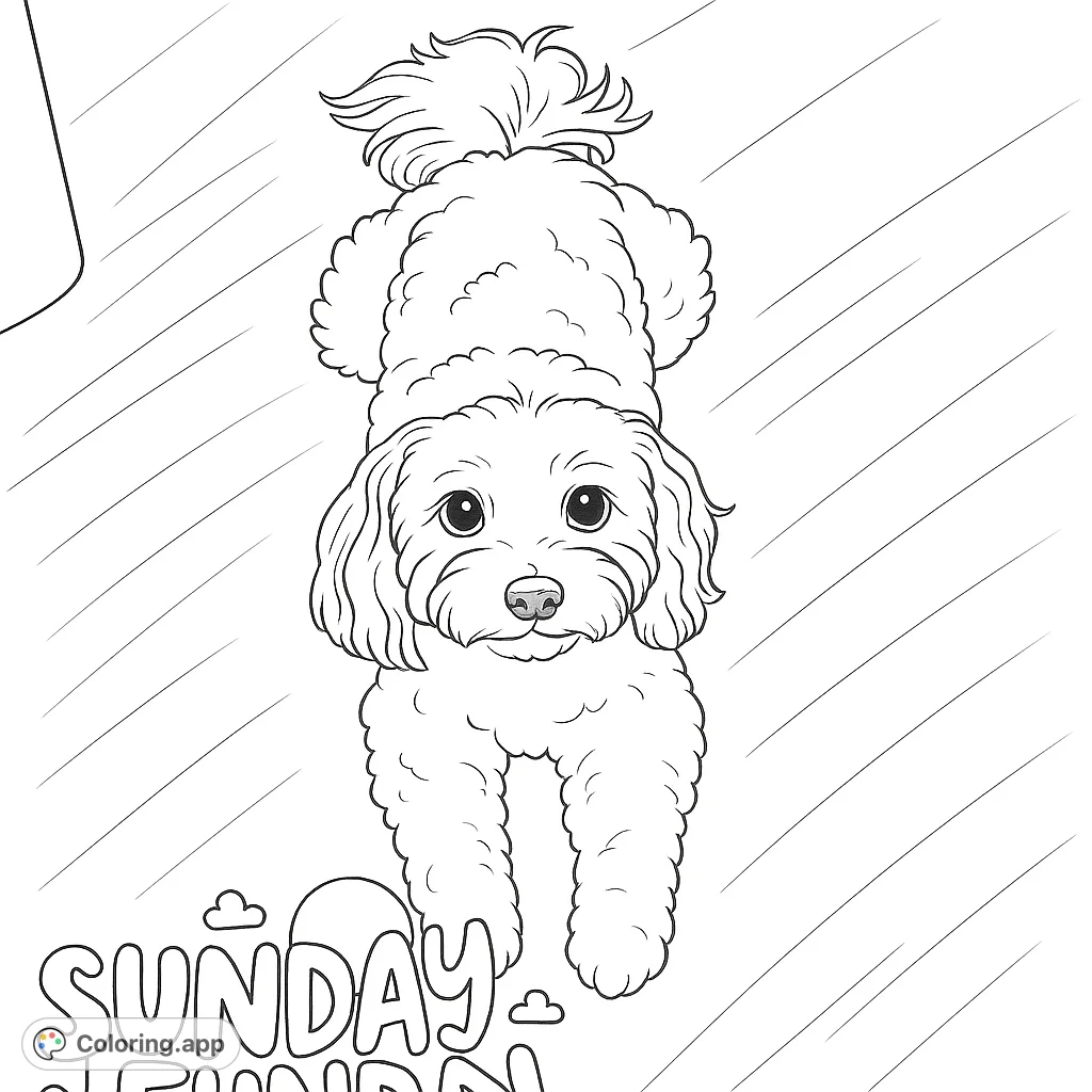 A charming, hand-drawn sketch of a fluffy dog relaxing on a wooden floor. Perfect for a simple, delightful coloring experience for all ages.