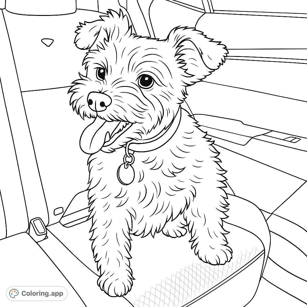 Capture the joy of a furry friend on a car ride! This delightful dog coloring page features a happy pup with detailed fur, perfect for pet lovers.