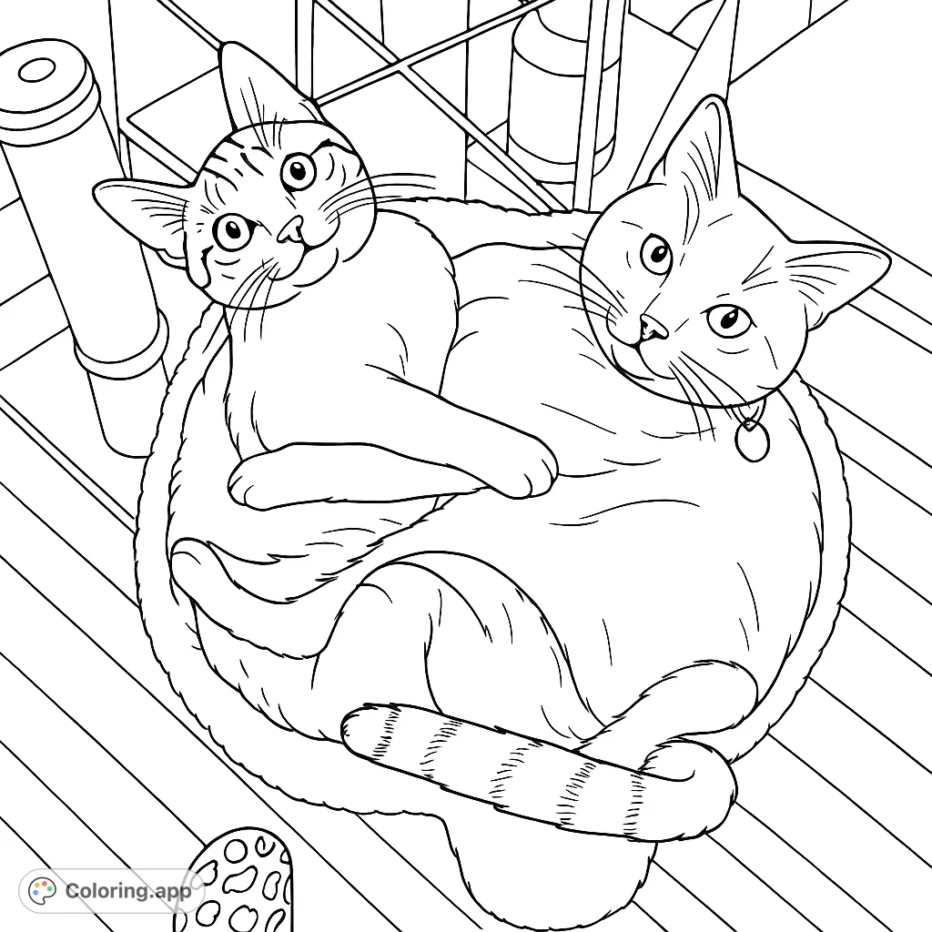 A heartwarming free printable cat coloring page featuring two adorable felines snuggled together in a cozy pet bed, perfect for animal lovers.