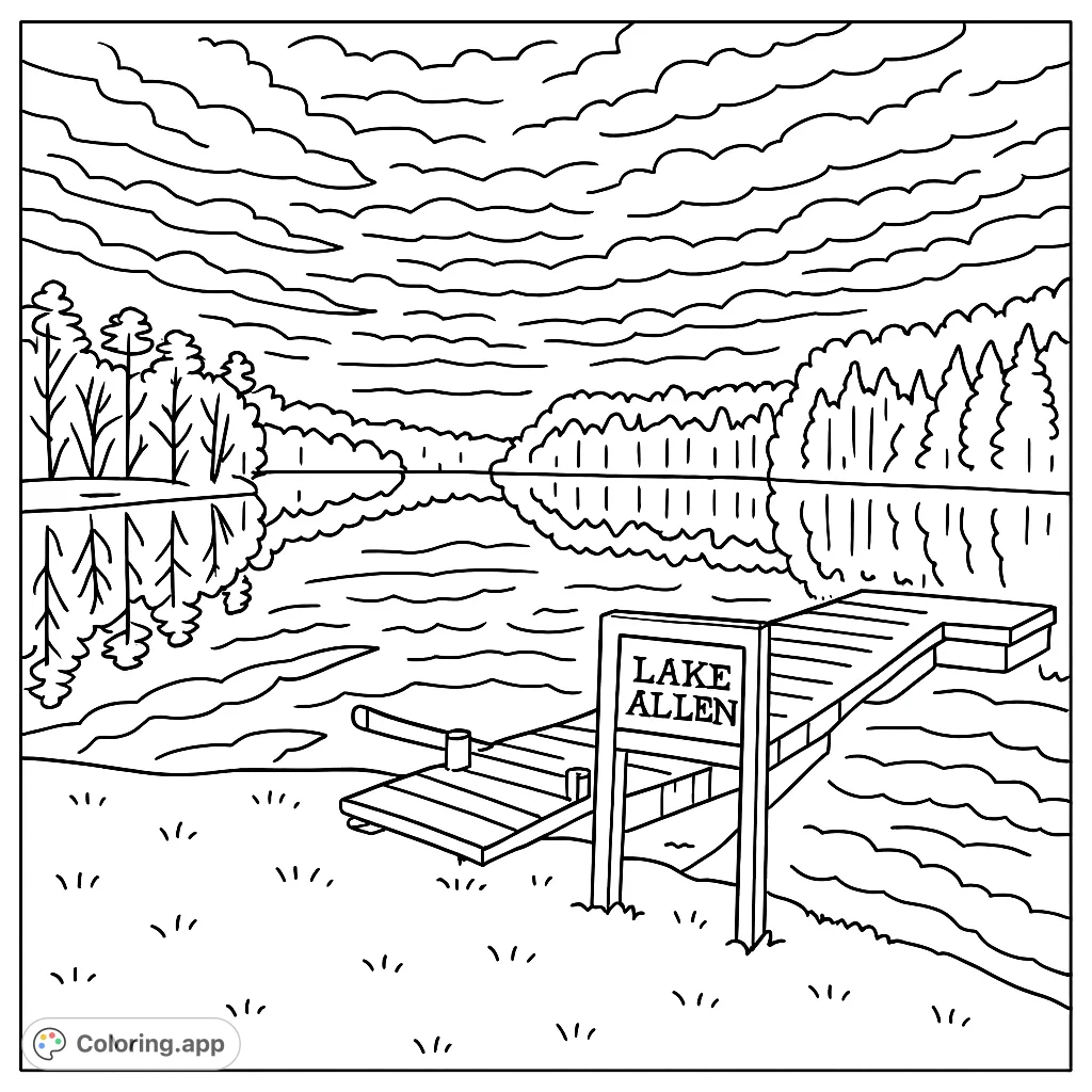 A serene lake scene featuring a wooden dock, a 'Lake Allen' sign, and a sky filled with textured clouds, perfect for a relaxing coloring experience.