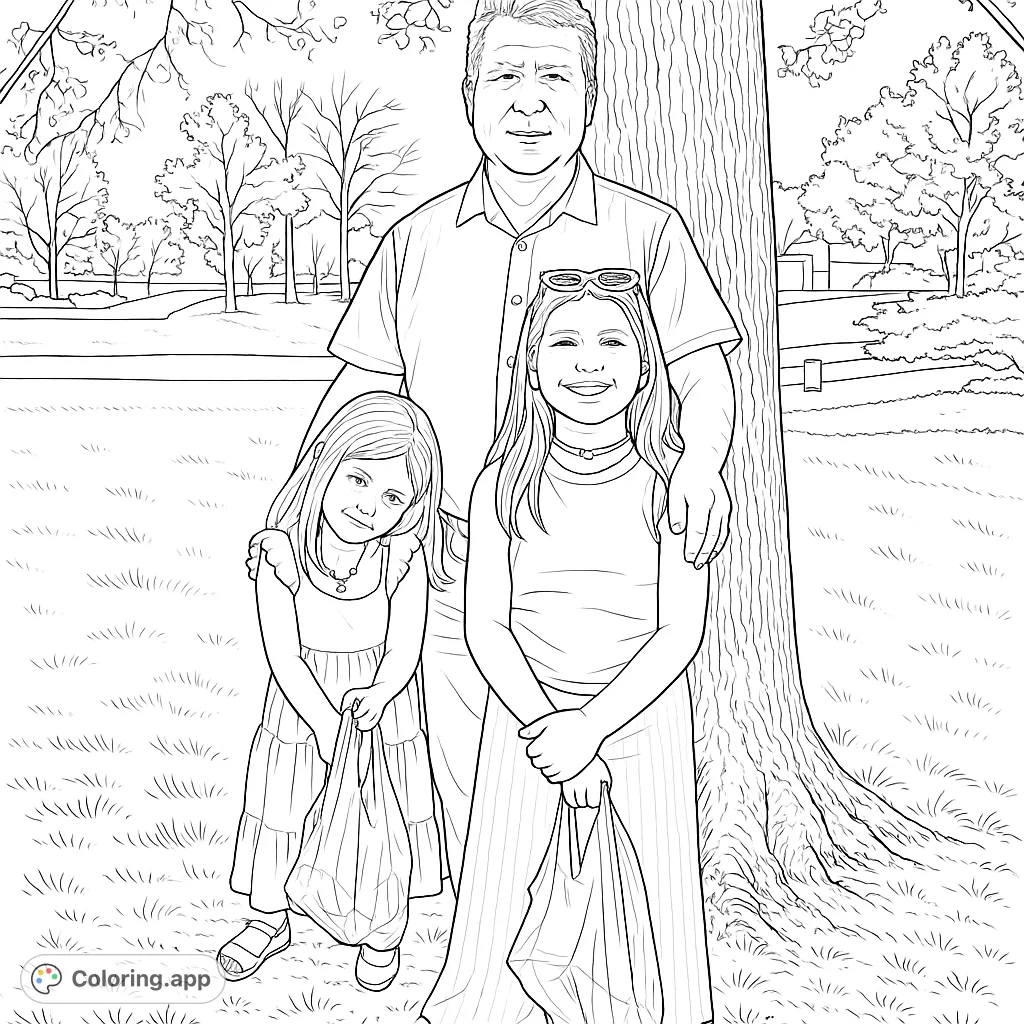 Capture a heartwarming family moment outdoors. This free printable family coloring page features an adult and two children by a tree.