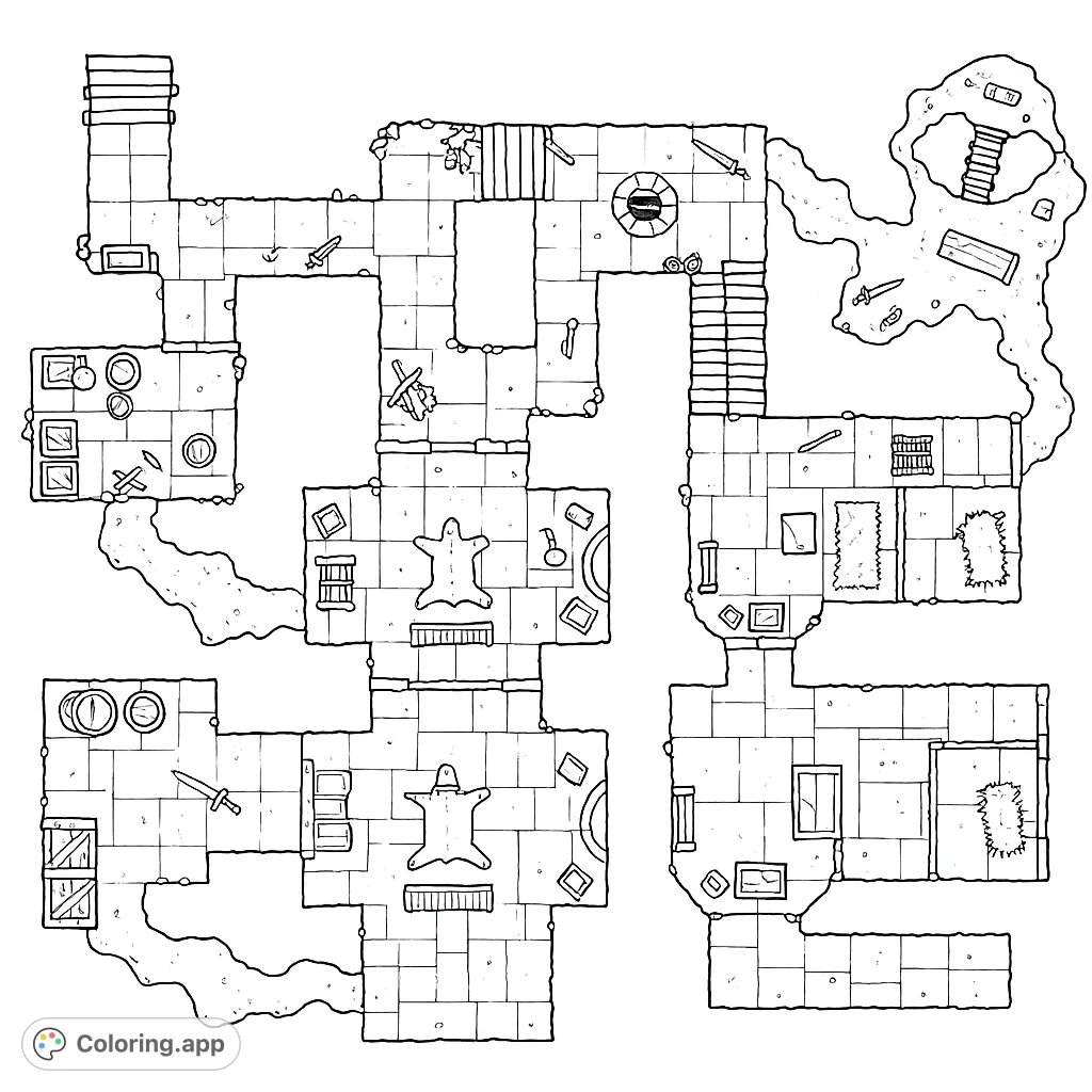 Explore an intricate dungeon map filled with hidden rooms, ancient artifacts, and mysterious passages. A detailed adventure awaits your creative touch.
