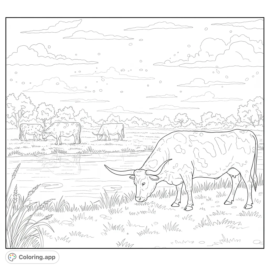 Discover a peaceful pastoral scene featuring majestic longhorn cattle grazing by a tranquil pond under a vast, cloud-filled sky. Perfect for nature lovers.