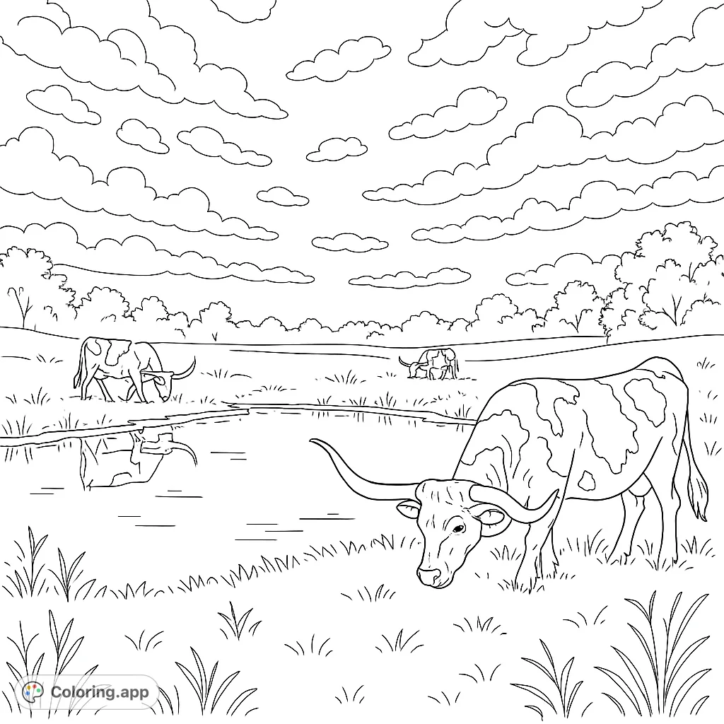 Color a serene landscape featuring majestic longhorn cattle grazing by a tranquil pond under a vast, cloud-filled sky. Perfect for nature lovers.