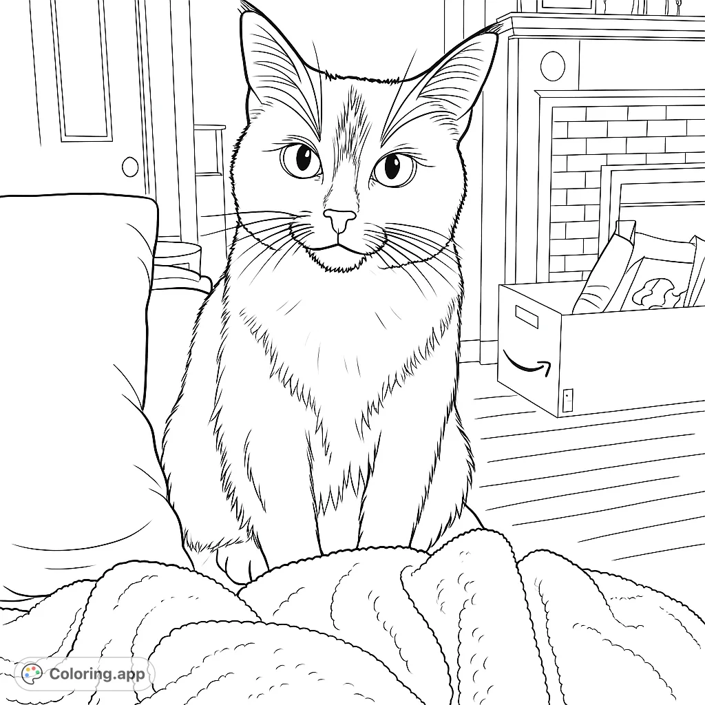 A charming tuxedo cat sits on a soft blanket in a cozy room, ready for your creative touch. Perfect for cat lovers of all ages!