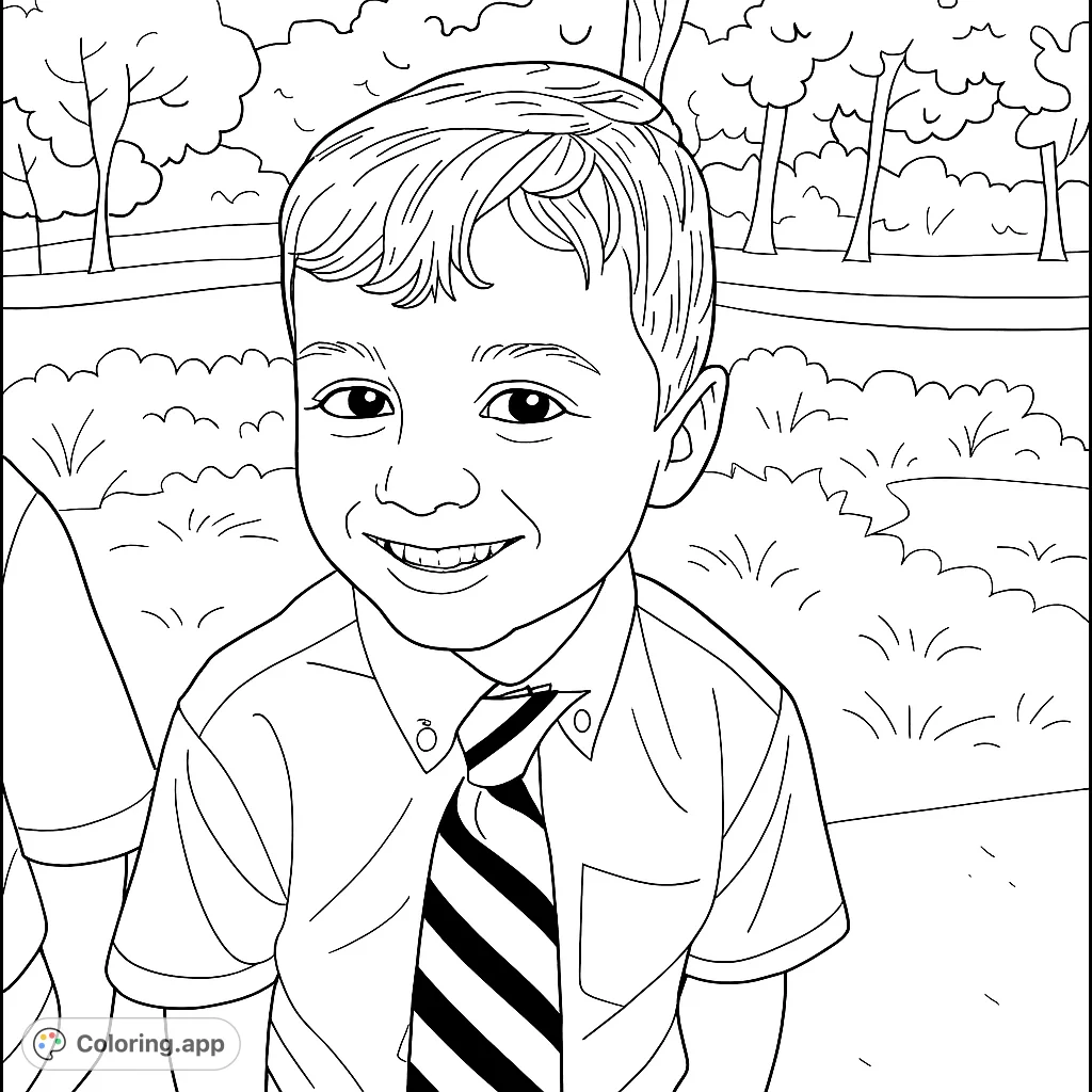 A cheerful young boy in a school uniform, ready for a fun day of coloring. Perfect for kids to personalize and bring to life.