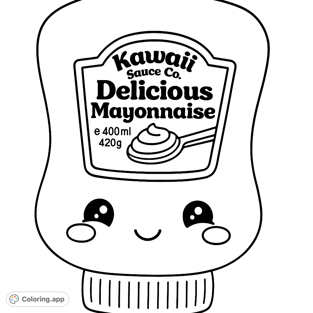 A delightful kawaii mayonnaise bottle character, perfect for a fun and easy coloring experience. Features a cute face and a detailed label.