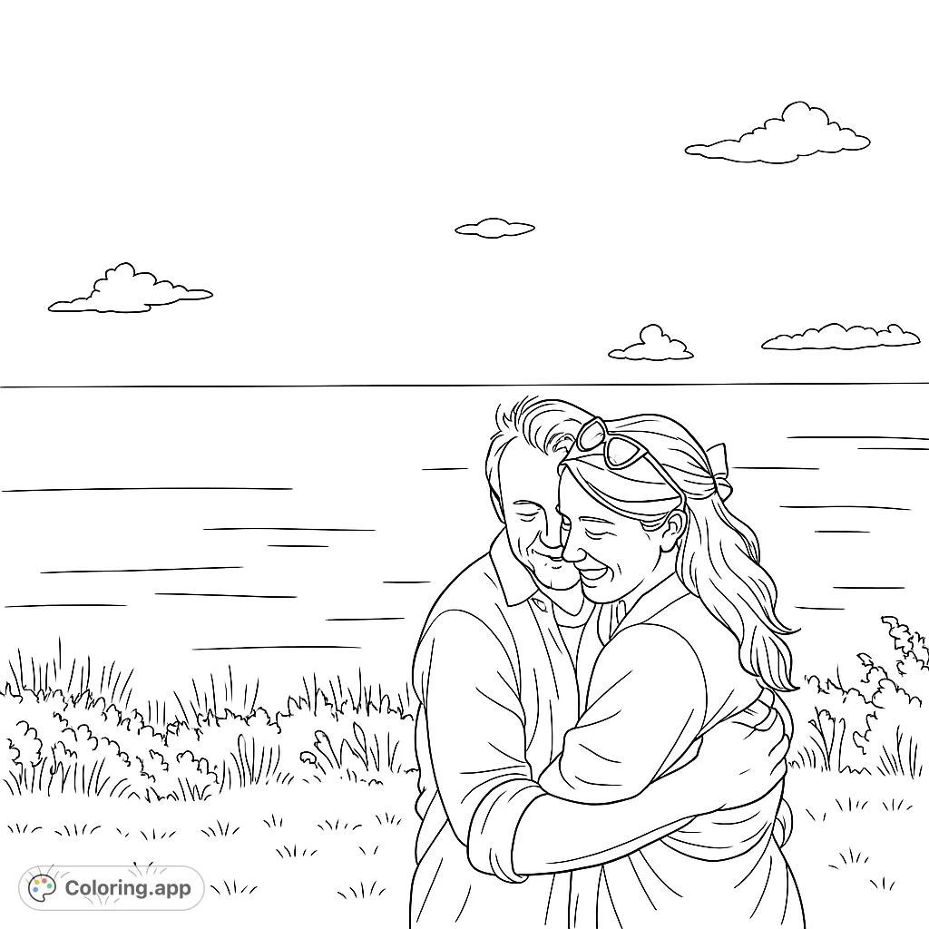 Capture a tender moment with this coastal couple embrace coloring page. Features a loving pair overlooking a vast ocean, perfect for romantic themes.