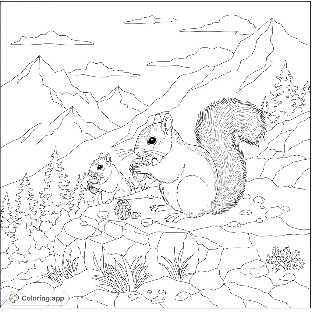 Discover a charming mountain scene featuring playful squirrels enjoying their nuts. A delightful free printable mountain squirrel coloring page for all ages.