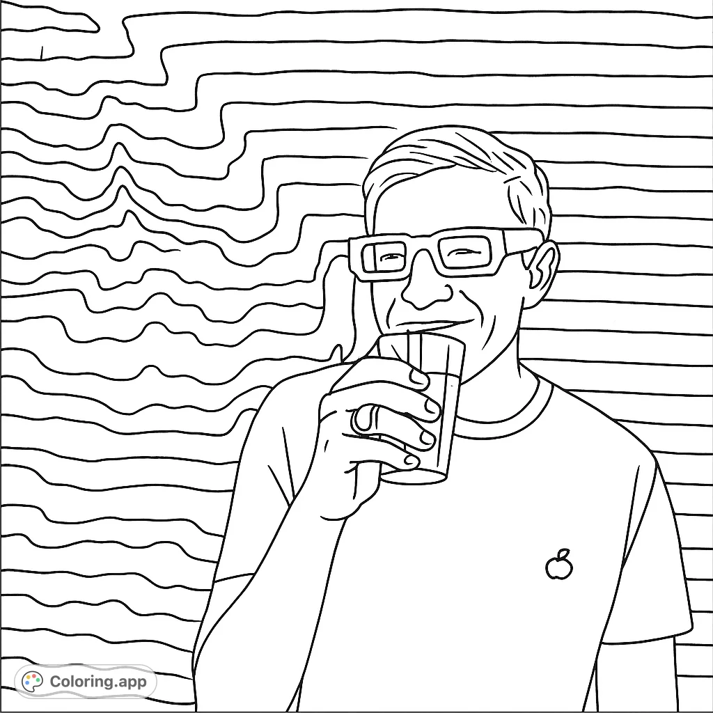 Color a dynamic portrait featuring a person with 3D glasses against a vibrant, abstract patterned wall. Unleash your creativity!