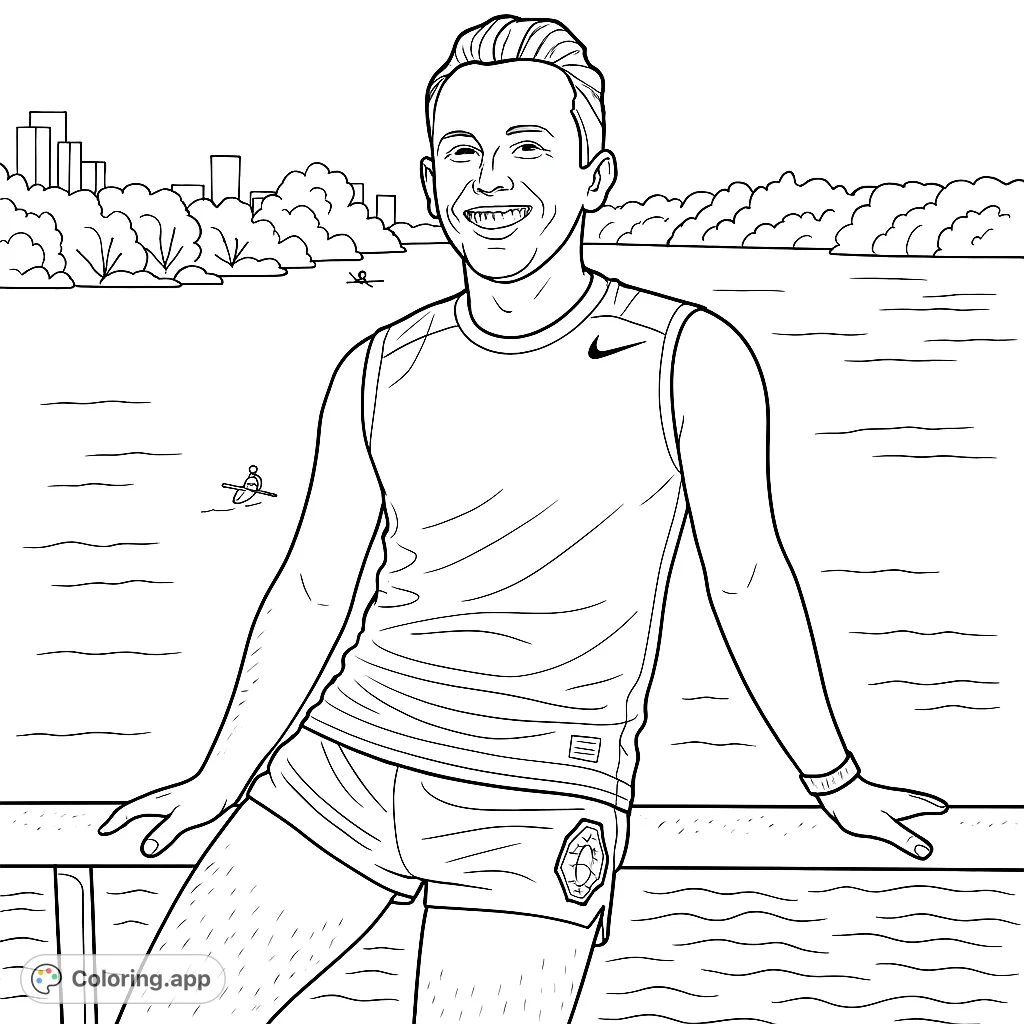 Color a smiling athlete posing on a bridge railing overlooking a scenic river with distant city views. Perfect for sports and urban landscape enthusiasts.