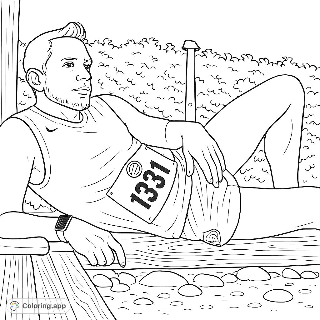 A detailed coloring page featuring an athlete resting on a wooden bench after a race, with a race bib and outdoor elements.