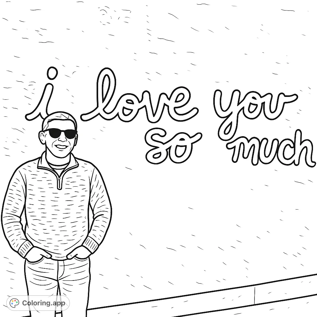 Color a smiling man standing beside a wall with a heartfelt 'i love you so much' message. A unique love message coloring page.