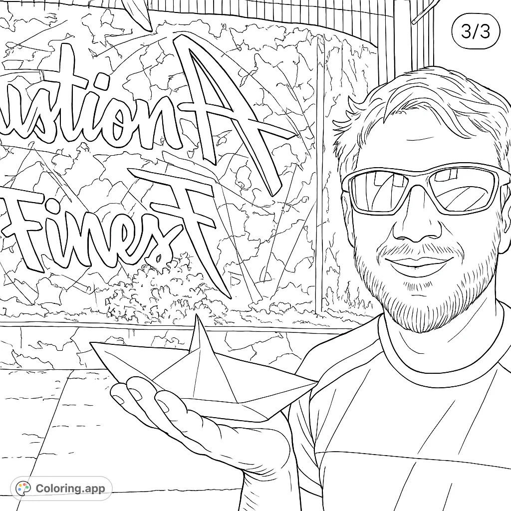A unique street art coloring page featuring a person holding a paper boat against a vibrant graffiti wall. Perfect for creative expression!