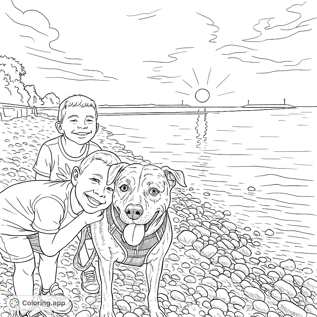 A heartwarming scene of two boys and their dog on a rocky beach at sunset. Perfect for a free printable family and pet coloring page.