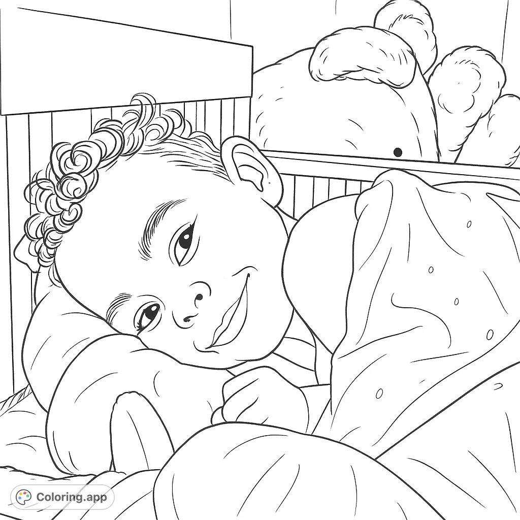 A heartwarming cozy child in a crib, resting with a gentle smile, surrounded by soft blankets and plush stuffed animals. Perfect for quiet moments.