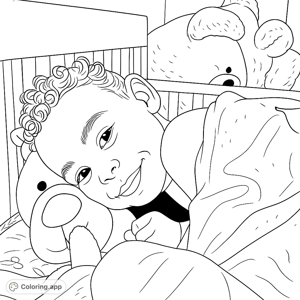 A heartwarming scene of a smiling child nestled in a crib with beloved stuffed animals, perfect for a cozy coloring experience.