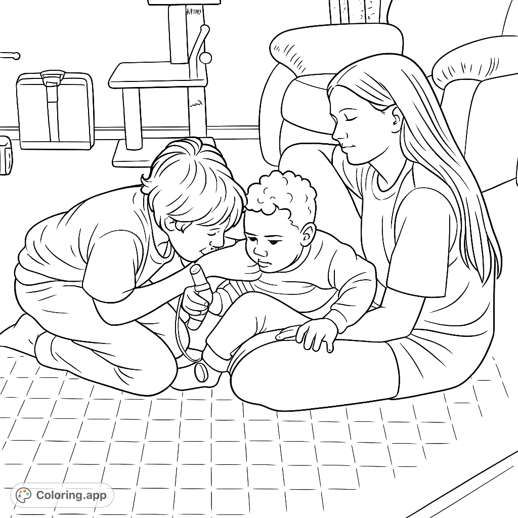 Capture a heartwarming family moment with three individuals playing on the floor. This free printable family bonding coloring page is perfect for all ages.