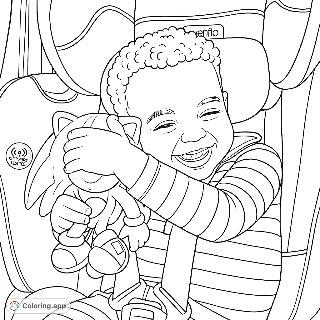A joyful child in a car seat, embracing a favorite character plush toy. A heartwarming scene perfect for young colorists.