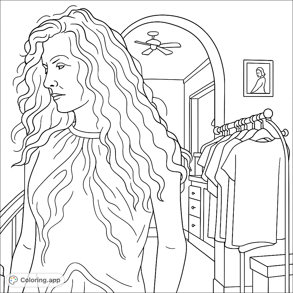 Explore a serene scene featuring a silhouetted figure with flowing hair against a bright archway. A contemplative and artistic coloring experience.