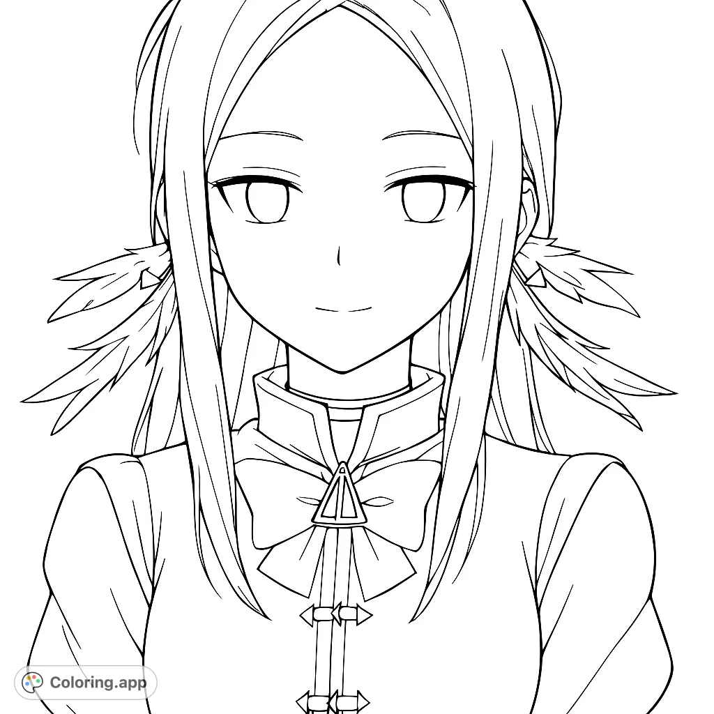 Color a captivating stylized character portrait featuring unique feathered hair details and a distinctive outfit. Perfect for anime fans and creative expression.