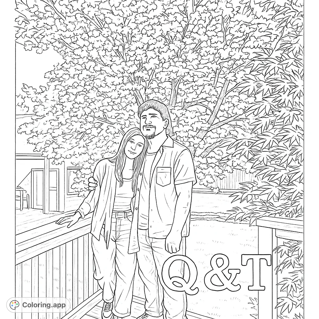 Capture a tender moment with this hand-drawn sketch of a couple standing beneath a beautiful blossom tree, perfect for a relaxing coloring experience.