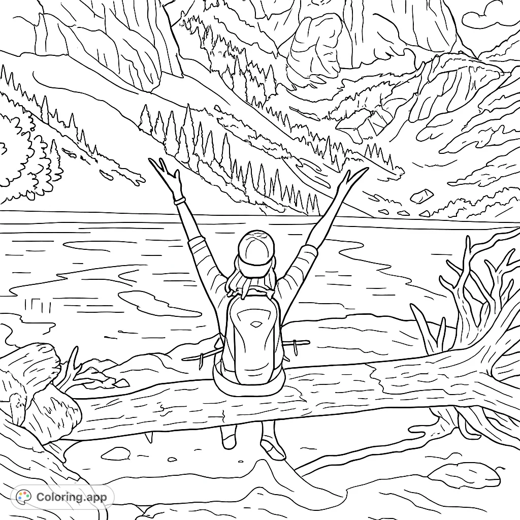 Discover tranquility with this mountain lake coloring page. A person sits by a partially frozen lake, surrounded by majestic snow-capped peaks and evergreen trees.