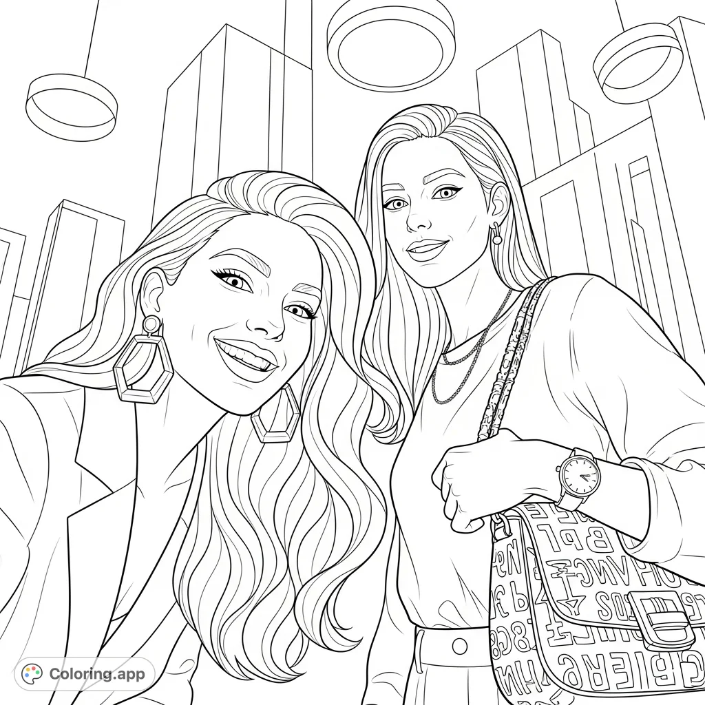 Capture the vibrant energy of two smiling women in a modern urban setting, complete with stylish accessories and architectural details. A dynamic and engaging scene.