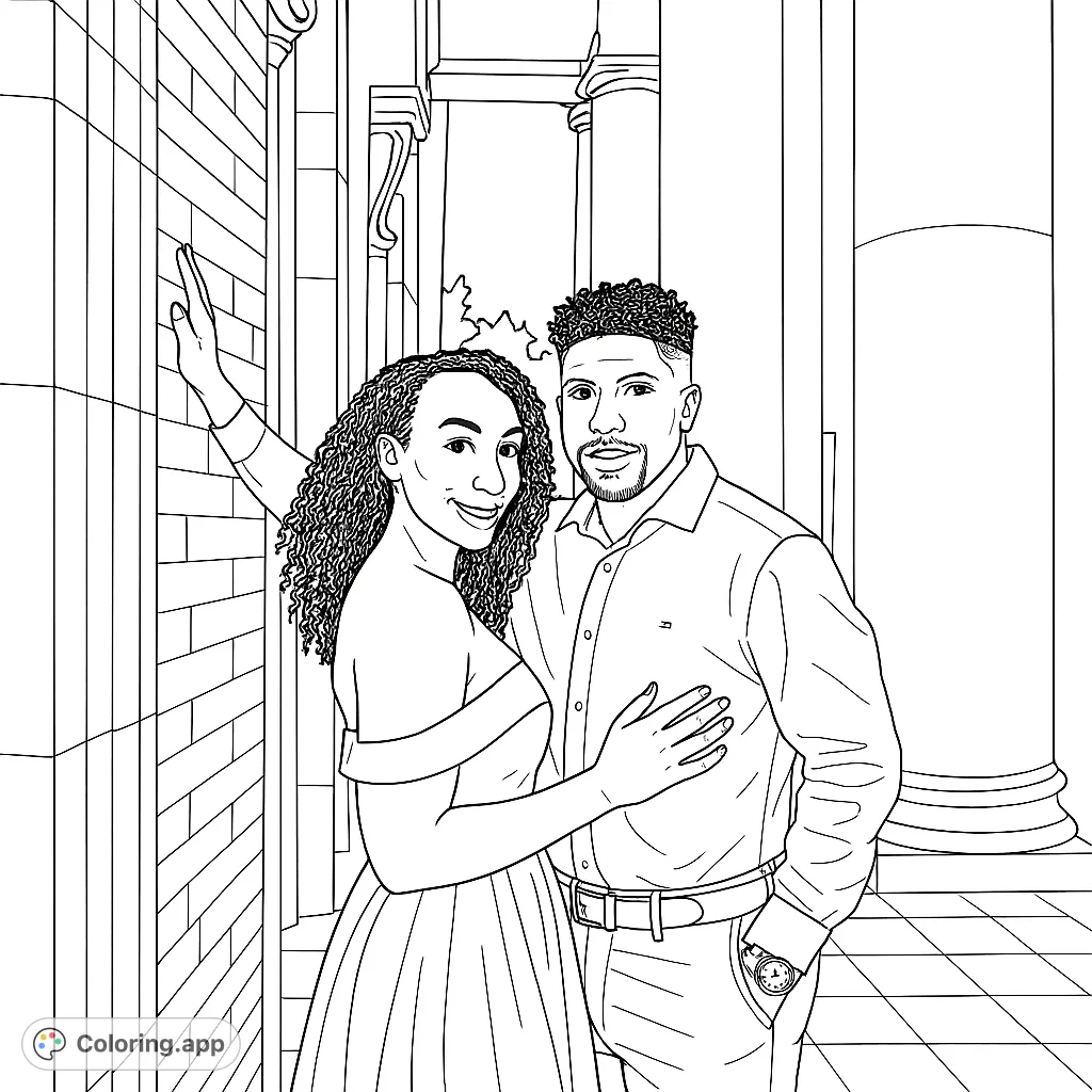 An elegant couple poses by grand architectural columns and a textured wall. A romantic scene perfect for personalizing with your favorite shades.